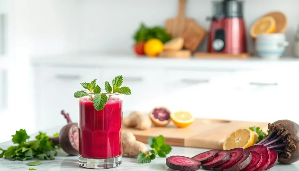 A beautifully lit kitchen countertop, featuring an array of tempting beetroot juice recipes. In the foreground, a glass of vibrant magenta beetroot juice, garnished with a sprig of fresh mint. Surrounding it, an assortment of ingredients: roasted beets, leafy greens, ginger, and citrus fruits. In the middle ground, a cutting board with sliced beets and a juicer, conveying the process of preparing the nutritious elixir. The background showcases a minimalist, light-filled space, with clean white walls and natural wooden accents, creating a serene and inviting atmosphere. The overall composition strikes a balance between the earthy tones of the beets and the crisp, fresh feel of the setting, inspiring the viewer to incorporate beetroot juice into their healthy lifestyle.