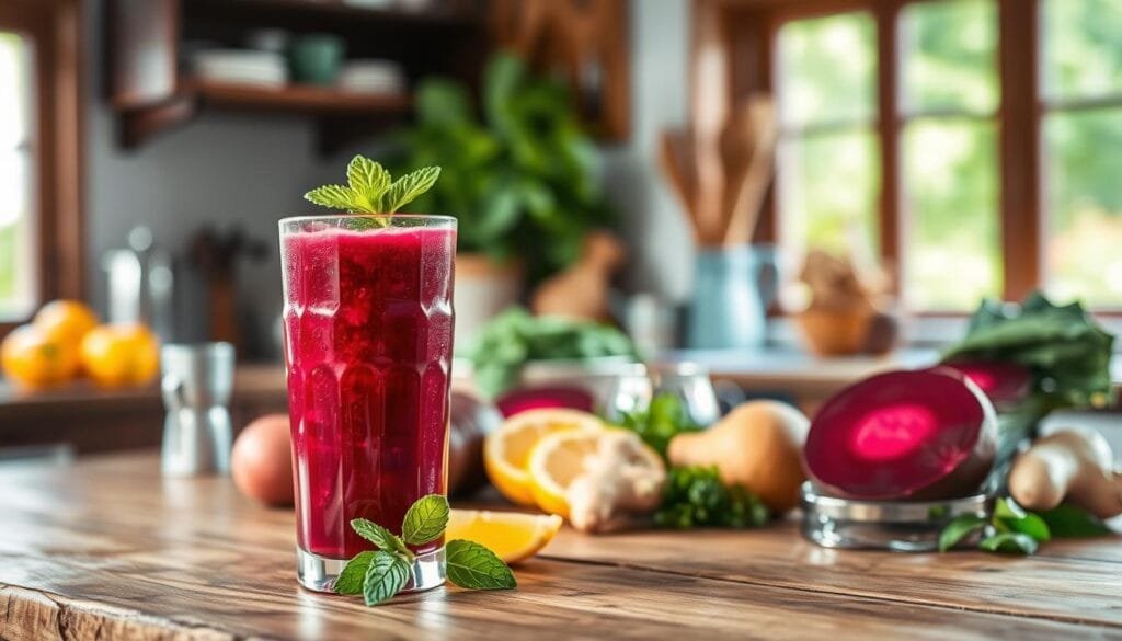 A beautifully lit kitchen scene with an array of beetroot juice recipes presented on a rustic wooden table. In the foreground, a tall glass filled with vibrant, ruby-red beetroot juice, garnished with a sprig of fresh mint. In the middle ground, an assortment of ingredients used in the recipes, such as whole beets, citrus fruits, ginger, and various herbs. The background features a softly blurred, natural setting, perhaps with a window overlooking a lush, green garden. The lighting is warm and inviting, creating a cozy, welcoming atmosphere that showcases the health benefits and versatility of beetroot juice.