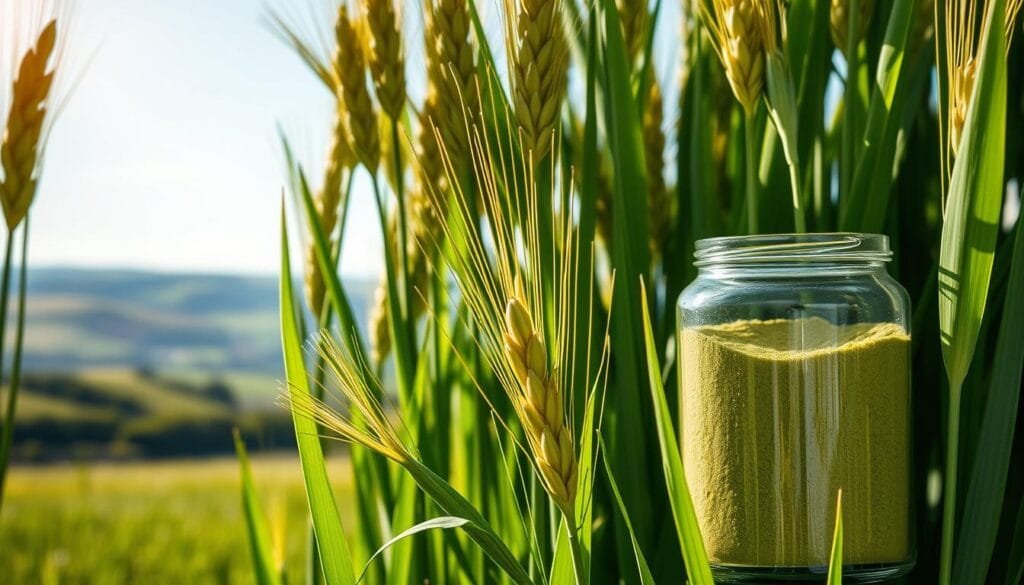 A bountiful harvest of vibrant green barley stalks, illuminated by warm, natural lighting. In the foreground, a cluster of fresh barley leaves, their delicate blades glistening with morning dew. In the middle ground, a transparent glass jar filled with powdered green barley, its vivid hue a testament to its nutrient-rich nature. In the background, a serene countryside landscape, with rolling hills and a clear blue sky, suggesting the wholesome, organic origins of this superfood. The overall scene conveys the health benefits and natural goodness of green barley, ready to be explored and appreciated.