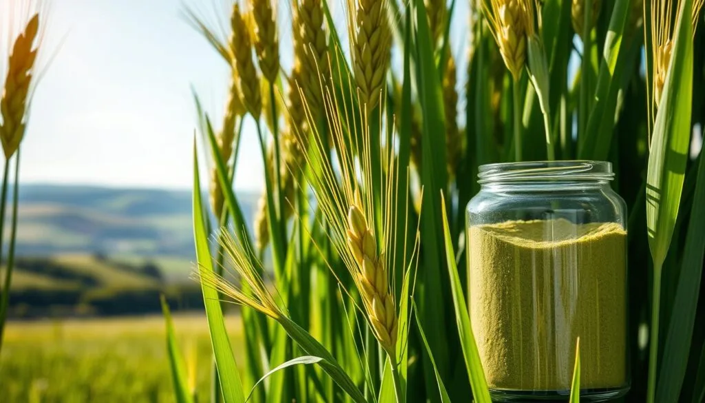 A bountiful harvest of vibrant green barley stalks, illuminated by warm, natural lighting. In the foreground, a cluster of fresh barley leaves, their delicate blades glistening with morning dew. In the middle ground, a transparent glass jar filled with powdered green barley, its vivid hue a testament to its nutrient-rich nature. In the background, a serene countryside landscape, with rolling hills and a clear blue sky, suggesting the wholesome, organic origins of this superfood. The overall scene conveys the health benefits and natural goodness of green barley, ready to be explored and appreciated.