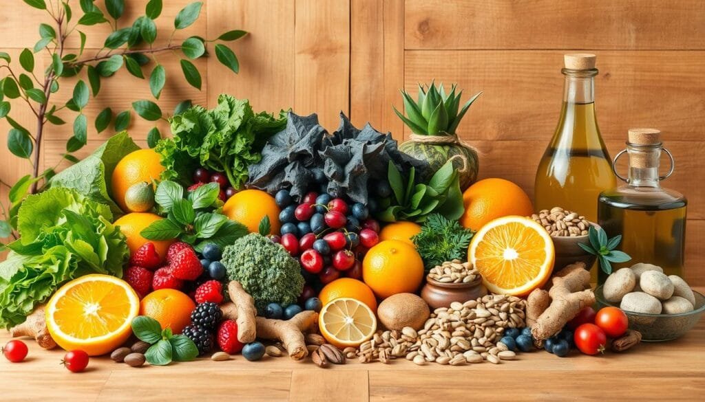A bountiful still life composition of vibrant, anti-inflammatory foods set against a warm, natural backdrop. In the foreground, a selection of fresh produce including leafy greens, berries, citrus fruits, and turmeric roots, arranged in an artful display. The middle ground showcases various nuts, seeds, and healthy oils, while the background features a rustic wooden surface with a hint of greenery, creating a soothing, earthy ambiance. Soft, diffused lighting illuminates the scene, highlighting the nourishing properties and vibrant colors of these gut-friendly ingredients. Conveying a sense of wellness, vitality, and the powerful role of a wholesome, anti-inflammatory diet.