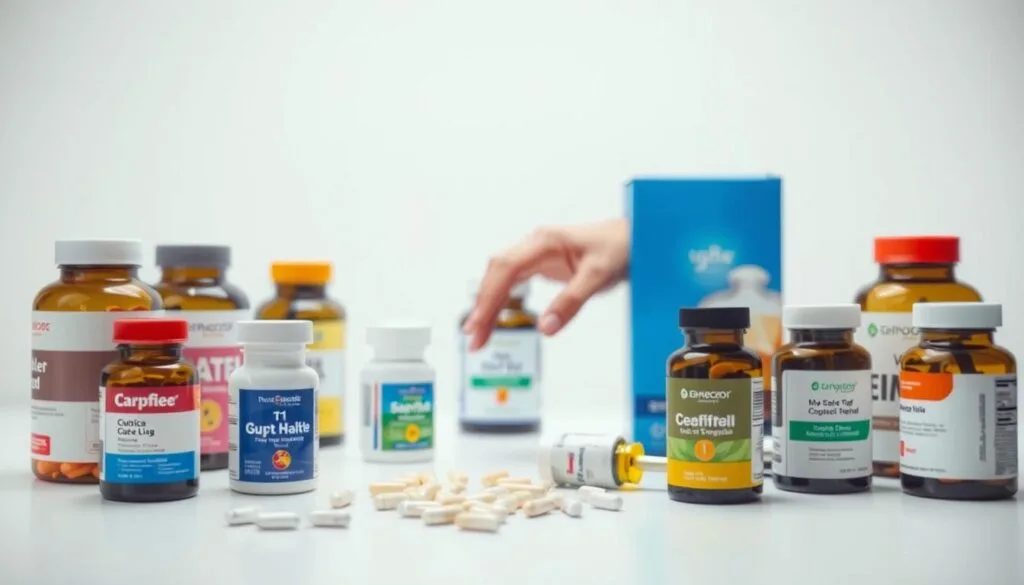 A brightly lit, modern and minimalist composition depicting the process of "Choosing the Right Gut Health Supplement". In the foreground, various gut health supplement bottles and pills are artfully arranged on a clean, white surface, their labels and packaging in focus. In the middle ground, a person's hand hovers over the supplements, thoughtfully considering the options. The background features a simple, neutral-toned backdrop, allowing the products and the decision-making process to take center stage. The overall scene conveys a sense of wellness, research, and careful consideration, reflecting the importance of selecting the appropriate gut health supplement.