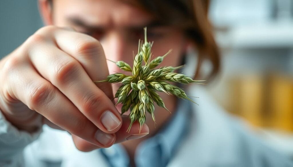 A close-up of a person's hand examining a cluster of barley grains, with a concerned expression. The lighting is soft and diffused, creating a contemplative mood. The barley grains are in sharp focus, their green hues and textured surfaces capturing the viewer's attention. The background is blurred, suggesting a laboratory or research setting. The scene conveys a sense of scientific inquiry and the potential health implications of consuming barley green.