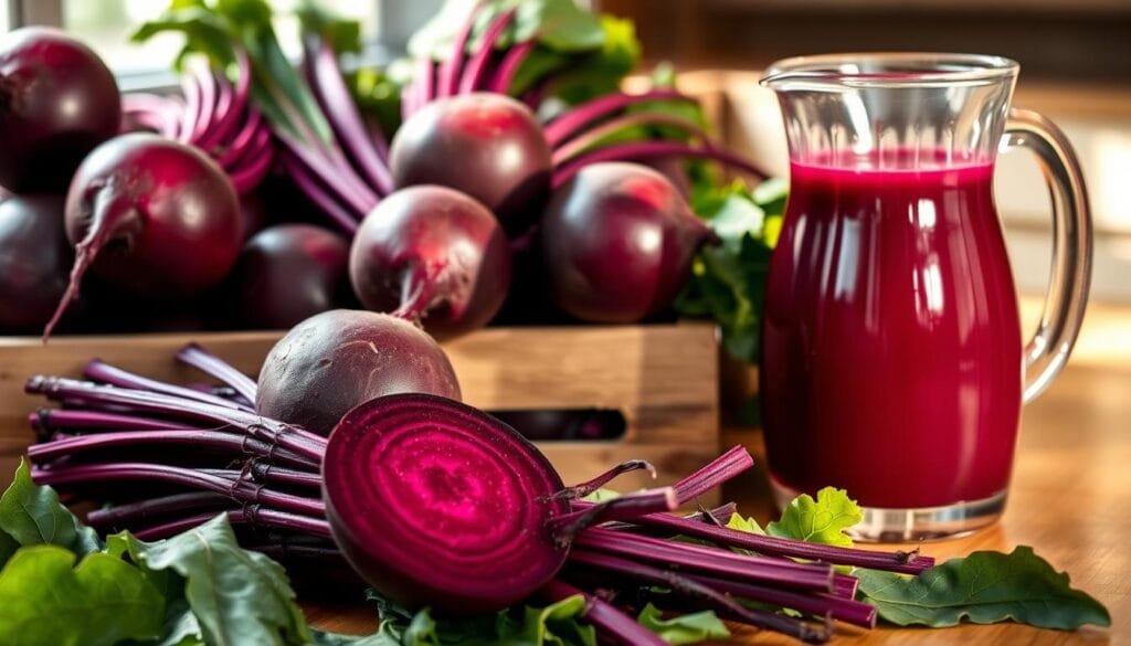 A close-up of perfectly ripe, glossy beetroots in a wooden crate, their deep burgundy hues illuminated by soft, diffused natural lighting from a window. In the foreground, an arrangement of freshly harvested beetroot leaves and stems, their vibrant green and purple tones creating a harmonious contrast. The middle ground features a glass carafe filled with a rich, jewel-toned beetroot juice, its surface glistening. Subtle reflections of the produce and container are visible on a polished wooden table surface. The overall scene conveys a sense of wellness, purity, and the quintessential ingredients for a nourishing beetroot juice detox.