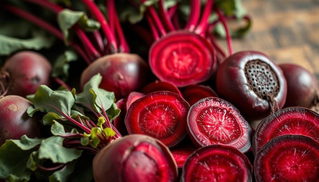 A close-up photograph of an assortment of fresh, vibrant beetroots, their deep crimson hues complemented by a soft, diffused lighting. The beetroots are arranged in the foreground, showcasing their distinct shapes, textures, and intricate patterns. In the middle ground, a scattering of beetroot slices and cross-sections reveals their nutritional profile, highlighting the abundant vitamins and minerals contained within. The background is subtly blurred, creating a sense of focus and emphasis on the central subject. The overall mood is one of natural, earthy elegance, inviting the viewer to explore the rich, beneficial properties of this humble root vegetable.