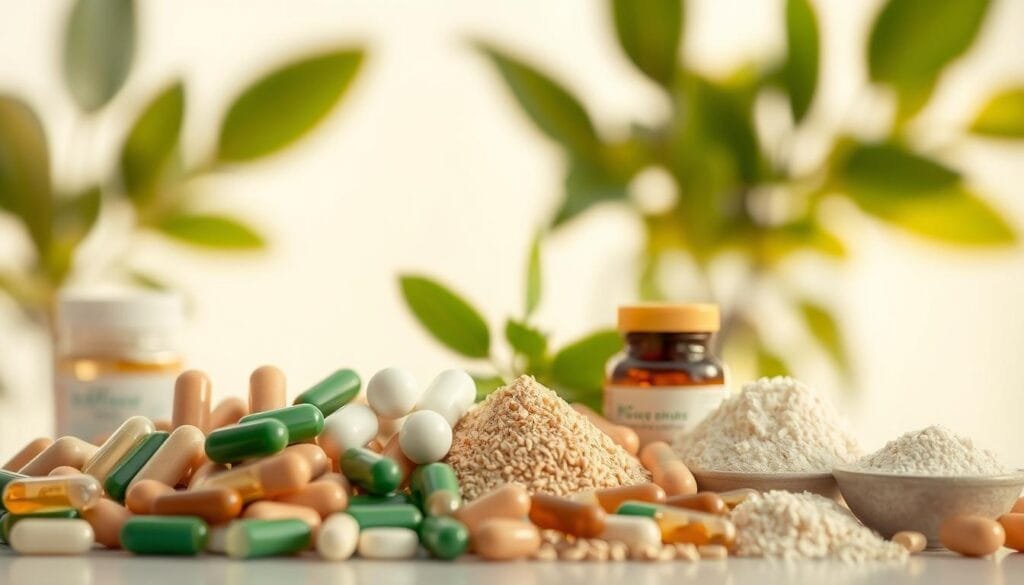 A close-up shot of various enzyme supplements, including digestive enzymes, against a clean, bright background. The foreground features an assortment of capsules, tablets, and powders in natural colors like greens, browns, and whites, neatly arranged to showcase their diversity. The middle ground presents a blurred backdrop of leafy plants, reflecting the natural, wellness-focused theme. Warm, diffused lighting casts a soft, inviting glow, evoking a sense of health and vitality. The overall composition conveys the efficacy and versatility of enzyme supplements in promoting improved digestion, as per the article's subject and section title.