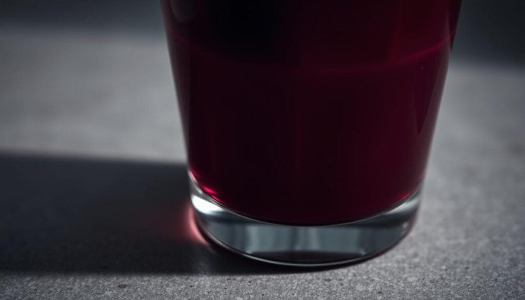 A close-up view of a glass filled with a deep, crimson-colored liquid, casting a moody, introspective atmosphere. The beetroot juice appears slightly cloudy, hinting at its natural, unprocessed nature. The lighting is soft and indirect, creating subtle shadows that accentuate the texture and depth of the liquid. The glass is positioned on a muted, neutral-colored surface, allowing the vibrant color of the juice to take center stage. The overall composition conveys a sense of caution and potential health concerns associated with the consumption of beetroot juice.