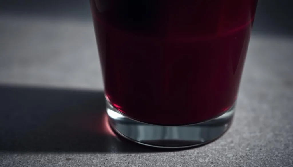 A close-up view of a glass filled with a deep, crimson-colored liquid, casting a moody, introspective atmosphere. The beetroot juice appears slightly cloudy, hinting at its natural, unprocessed nature. The lighting is soft and indirect, creating subtle shadows that accentuate the texture and depth of the liquid. The glass is positioned on a muted, neutral-colored surface, allowing the vibrant color of the juice to take center stage. The overall composition conveys a sense of caution and potential health concerns associated with the consumption of beetroot juice. A close-up view of a glass filled with a deep, crimson-colored liquid, casting a moody, introspective atmosphere. The beetroot juice appears slightly cloudy, hinting at its natural, unprocessed nature. The lighting is soft and indirect, creating subtle shadows that accentuate the texture and depth of the liquid. The glass is positioned on a muted, neutral-colored surface, allowing the vibrant color of the juice to take center stage. The overall composition conveys a sense of caution and potential health concerns associated with the consumption of beetroot juice.