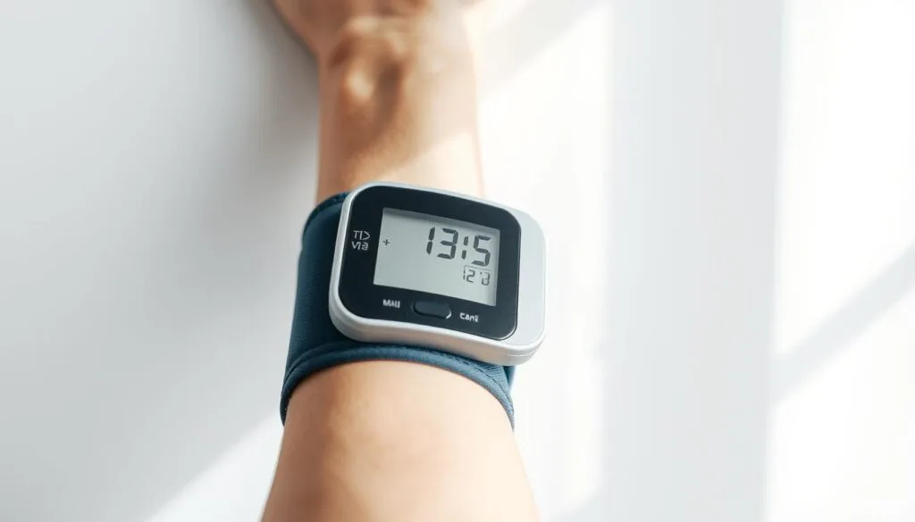 A close-up view of a human arm with a blood pressure cuff wrapped around the forearm, against a clean white medical background. The cuff is inflated, and the digital display shows the current blood pressure reading. Soft, natural lighting illuminates the scene, casting subtle shadows and highlighting the textural details of the skin and medical equipment. The composition emphasizes the focus on the blood pressure measurement, conveying a sense of clinical precision and medical investigation.