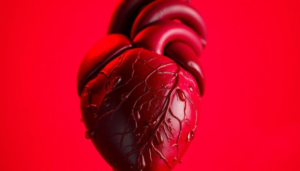 A close-up view of a human heart against a vibrant red background, representing the connection between beetroot juice and improved blood pressure. The heart is rendered with intricate detail, showcasing its intricate network of arteries and veins. Soft, warm lighting illuminates the heart, creating a sense of vitality and health. In the foreground, droplets of beetroot juice are suspended in the air, reflecting the heart's pulsing rhythm. The overall composition evokes a harmonious fusion of nature's power and the human body's circulatory system, conveying the potential benefits of beetroot juice for cardiovascular well-being.