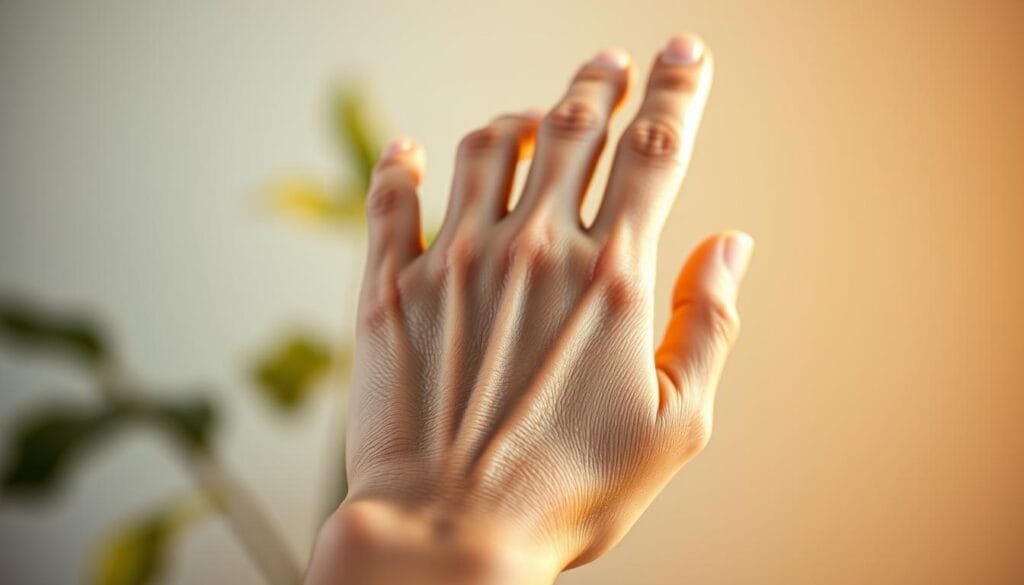 A close-up view of a postmenopausal woman's hand, prominently displaying healthy, glowing skin and veins. The lighting is warm and soft, creating a comforting atmosphere. The background is blurred, with hints of natural greenery or a simple, neutral color palette to emphasize the focal point. The composition showcases the hand in a natural, relaxed position, conveying a sense of vitality and well-being. The overall tone is one of tranquility and the positive effects of beetroot juice on postmenopausal vascular health.