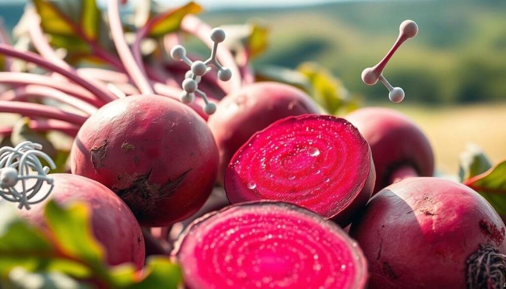 A close-up view of several vibrant red beetroots, their surfaces glistening under soft, natural lighting. In the foreground, a cross-section of a beetroot reveals its rich, deep crimson interior, showcasing the nutrient-dense flesh. Floating around the beetroots are translucent illustrations of hemoglobin molecules, their distinct shapes and structures highlighting the connection between beetroot and blood health. The background is a serene, blurred landscape, allowing the viewer to focus on the beetroots and their nutritional benefits. The overall composition conveys a sense of wellness, vitality, and the power of natural, plant-based solutions for boosting hemoglobin levels.