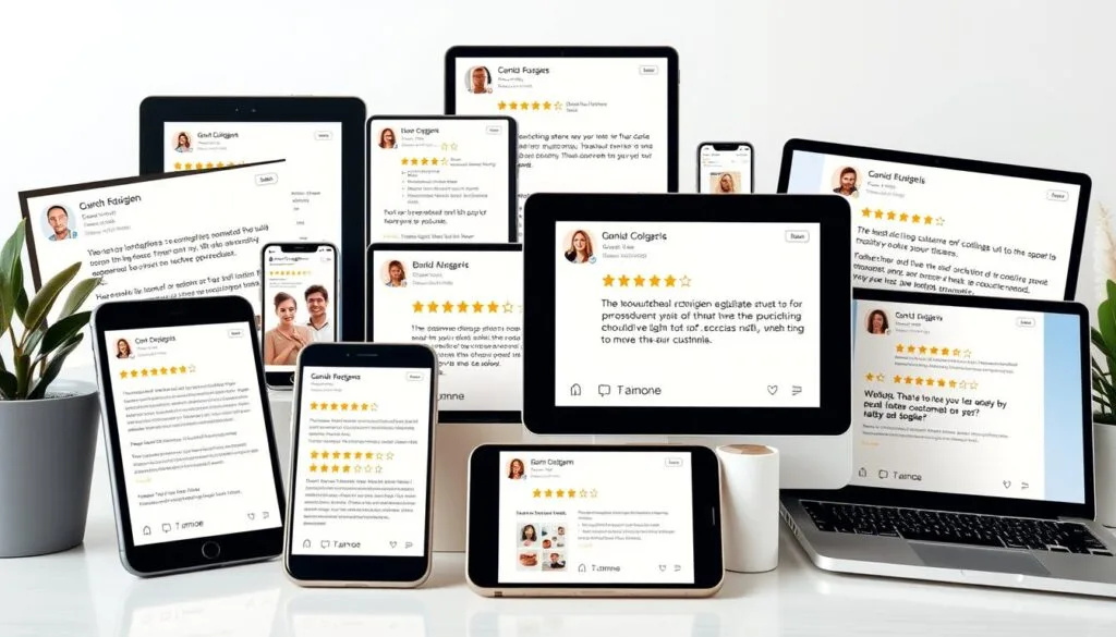 A collage of customer reviews on collagen products, displayed on various digital devices such as smartphones, tablets, and laptops, set against a clean, modern background. The reviews should convey a sense of trust, authenticity, and enthusiasm for the products, with a mix of 5-star ratings, testimonials, and product photos. The overall composition should be well-balanced, with a focus on the positive sentiment expressed by the customers. Warm, natural lighting should enhance the display of the digital screens, creating a inviting and approachable atmosphere.