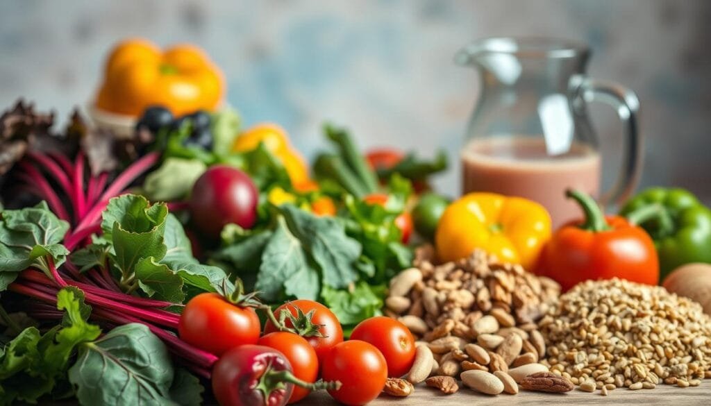A colorful and vibrant still life composition depicting a healthy diet for stroke prevention. In the foreground, a variety of fresh fruits and vegetables are artfully arranged, including bright red beets, leafy greens, juicy tomatoes, and crunchy bell peppers. The middle ground features a selection of nuts, seeds, and whole grains, symbolizing the importance of a balanced diet. In the background, a glass pitcher filled with water or a smoothie sits, highlighting the role of hydration in overall wellness. The lighting is soft and warm, casting a gentle glow over the scene, creating a calming and inviting atmosphere. The image is captured with a shallow depth of field, allowing the main elements to be the focal point, emphasizing the nutritious and delicious nature of a stroke-preventing diet.