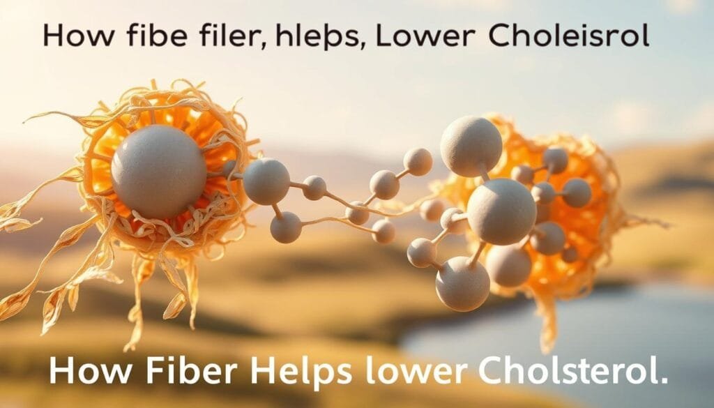 A cross-section image of soluble fiber molecules interacting with cholesterol particles in a warm, natural lighting. In the foreground, delicate strands of soluble fiber, such as oat bran or psyllium husk, gently envelop spherical cholesterol molecules. The middle ground features a network of the fiber-cholesterol complexes, with a soft focus blur. In the background, a serene landscape of rolling hills or a tranquil body of water, conveying a sense of balance and harmony. The composition emphasizes the process of soluble fiber binding to and removing cholesterol from the body, reflecting the section title "How Fiber Helps Lower Cholesterol".