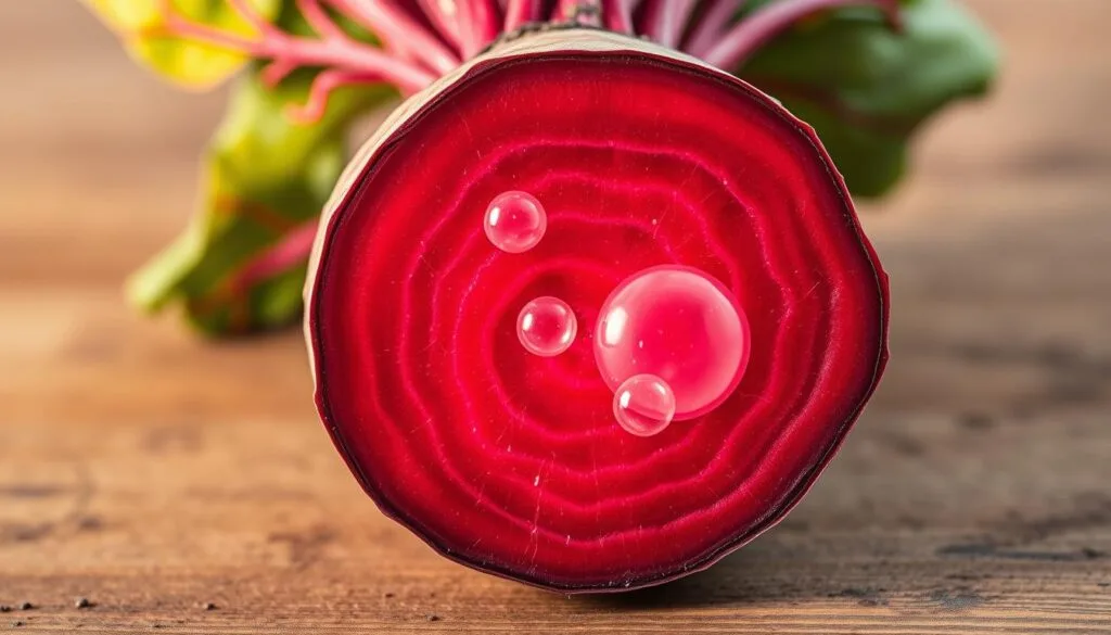 A cross-section of a vibrant red beetroot, its earthy hues shining under warm, natural lighting. The foreground showcases the beetroot's intricate internal structure, with its rich, deep-red flesh and delicate white veins meticulously detailed. In the middle ground, translucent liver cells are overlaid, highlighting the protective antioxidant properties of the beetroot. The background features a subtle, blurred pattern of interconnected cells, representing the complex network of the liver. The overall composition conveys the synergistic relationship between the nourishing beetroot and the liver's resilience, capturing the essence of "Benefits of Beetroot for Liver Health".