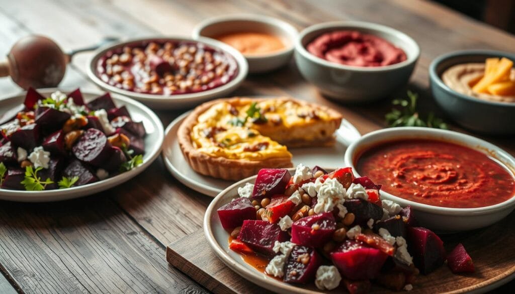 A delightful spread of beetroot-based dishes, arranged on a rustic wooden table. In the foreground, a vibrant beet salad with roasted beets, crumbled feta, and a tangy vinaigrette. Beside it, a hearty beetroot and lentil soup, steaming gently. In the middle, a golden beetroot quiche, its flaky crust beckoning. In the background, a beetroot hummus dip, accompanied by crunchy veggie sticks. Soft, diffused lighting illuminates the scene, creating a cozy, inviting atmosphere. The overall composition evokes a sense of health, wellness, and the joyful celebration of beetroot's versatility in the kitchen.