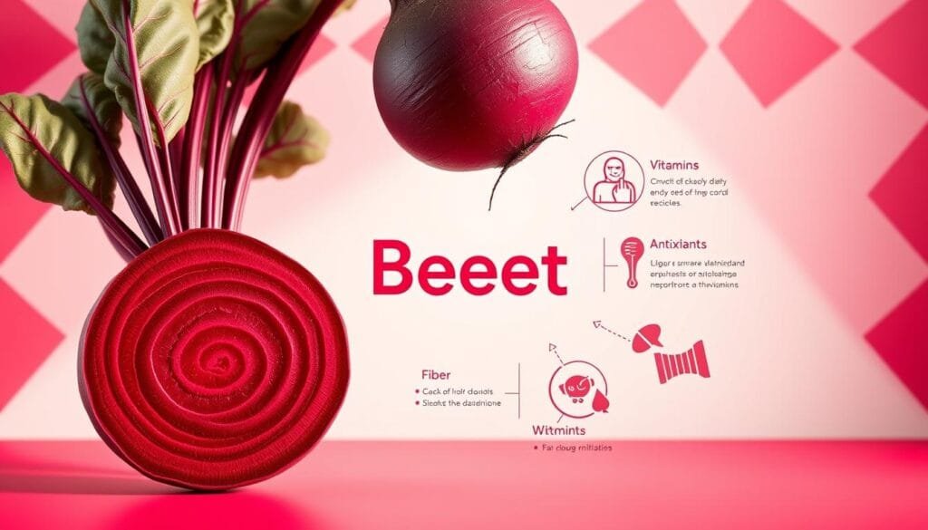 A detailed, 3D-rendered infographic showcasing the nutritional benefits of beetroot. In the foreground, a vibrant, cross-sectional view of a fresh beetroot, its rich, crimson flesh and concentric rings prominently displayed. Surrounding it, a curated selection of icons and infographic elements highlighting key nutrients: vitamins, minerals, antioxidants, and fiber. In the middle ground, a clean, white background provides contrast, while the background features subtle, geometric patterns in shades of red and purple, creating a sense of depth and visual interest. Warm, balanced lighting accentuates the beetroot's natural colors and textures, resulting in a visually striking and informative illustration suitable for a wellness-focused article.