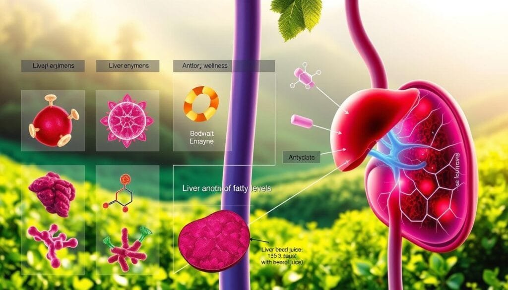 A detailed anatomical diagram showcasing the relationship between liver enzyme levels and antioxidants. The foreground depicts a cross-section of the liver, highlighting the complex network of cells, vessels, and enzymes. The middle ground features vibrant, high-contrast visualizations of different antioxidant molecules, their structures, and their interactions with the liver. The background showcases a soothing, naturalistic landscape with lush greenery and serene lighting, suggesting the holistic wellness benefits of beetroot juice for fatty liver. The overall composition conveys a sense of scientific understanding and the potential for natural, plant-based solutions to liver health.