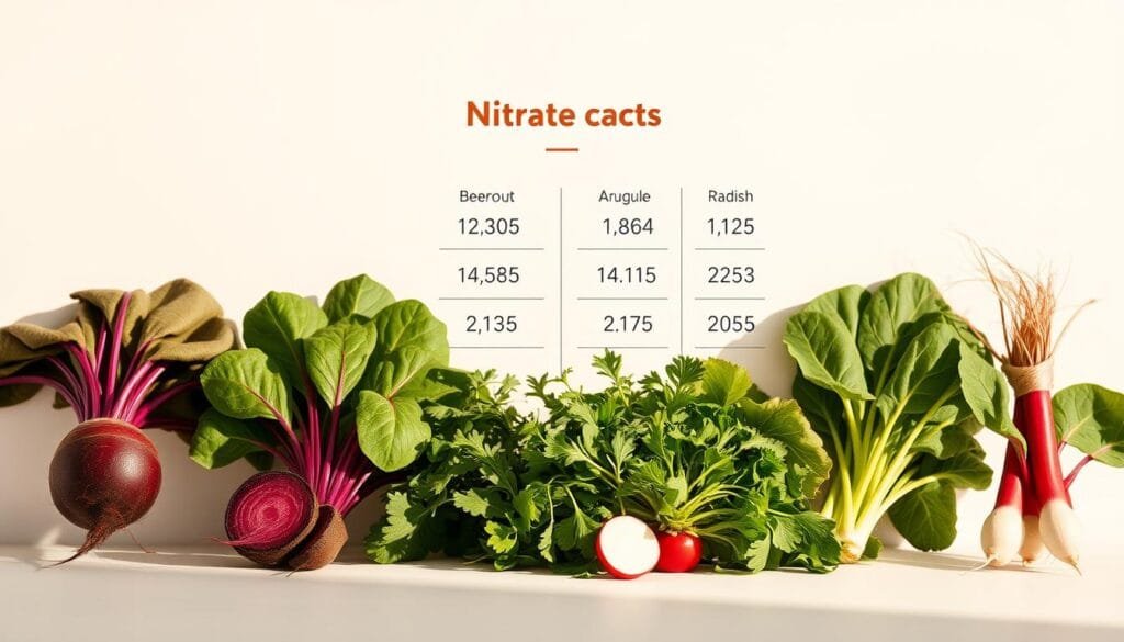 A detailed comparison of the nitrate content in a variety of heart-healthy foods, presented with scientific precision. In the foreground, carefully arranged specimens of beetroot, spinach, arugula, and radish, each meticulously photographed against a clean, neutral background. The middle ground showcases precise numerical data on nitrate levels, displayed in a clear, easy-to-read format. The background features subtle, minimalist patterns or textures that complement the overall scientific aesthetic. Warm, natural lighting illuminates the scene, casting soft shadows and highlighting the vibrant colors of the produce. The overall composition conveys a sense of educational clarity, inviting the viewer to explore the nutritional differences between these beneficial food items.
