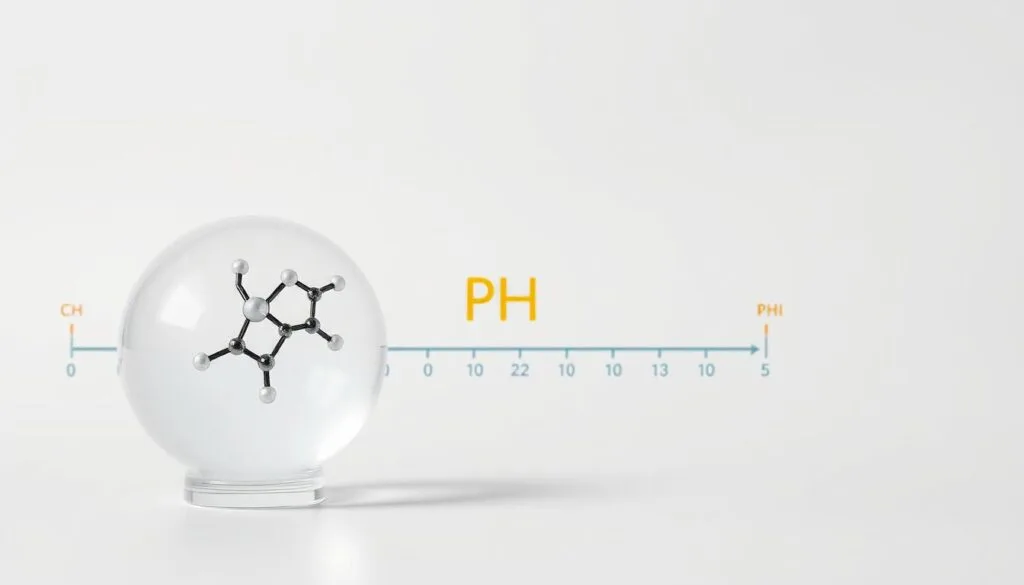 A detailed cross-section diagram illustrating the science behind pH balance, set against a clean, minimalist background. In the foreground, an enlarged view of a molecular structure representing the chemical components of an alkaline supplement. In the middle ground, a transparent pH scale and colorful pH-related icons. In the background, a subtle grid pattern or molecular lattice, conveying a sense of scientific precision. Soft, diffused lighting from multiple angles creates depth and highlights the key elements. The overall mood is informative and visually engaging, suitable for an educational article on alkaline supplements.