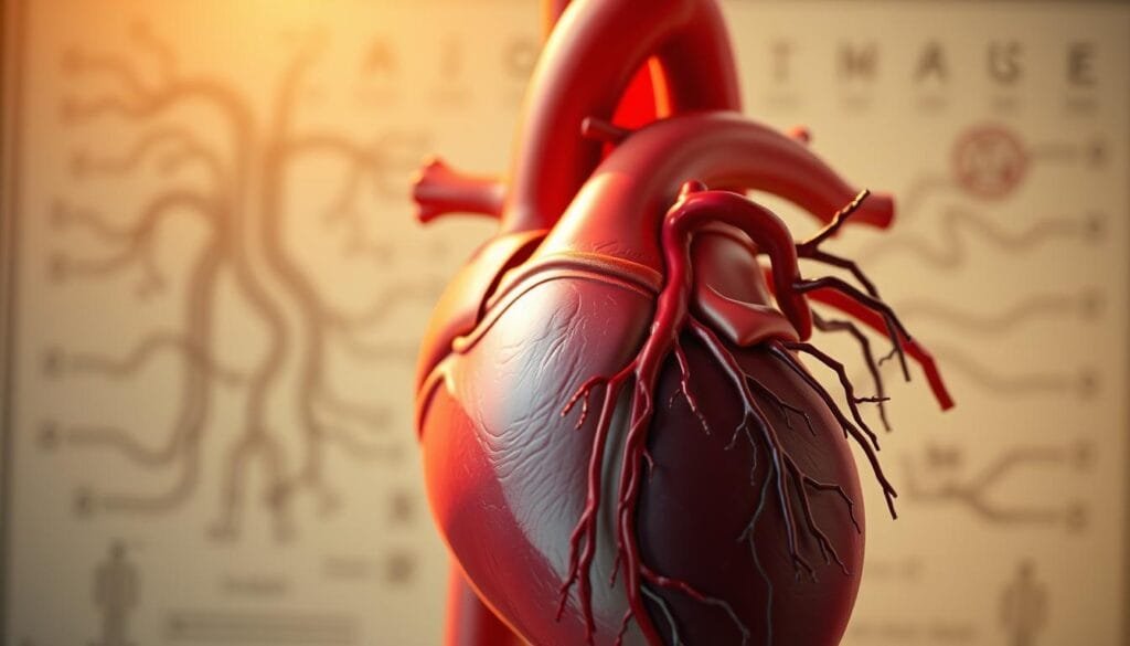 A detailed cross-section of the cardiovascular system, prominently displaying the effects of nitrates on blood pressure. The foreground shows the heart, arteries, and veins in vivid detail, with the arteries dilated to illustrate the short-term vasodilatory effects of nitrates. The middle ground depicts the circulatory system branching out, with subtle changes in hue and tone to represent the long-term impacts on blood pressure regulation. The background features a softly blurred anatomical diagram, providing context and emphasizing the medical nature of the subject matter. Warm, natural lighting illuminates the scene, creating a sense of depth and realism. The overall composition conveys the complexities of how nitrates influence cardiovascular health in both the immediate and prolonged timeframes.