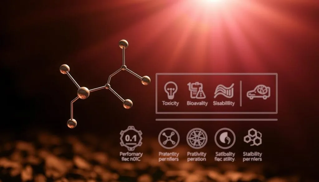 A detailed scientific diagram showcasing the safety profile of beetroot compounds. In the foreground, a molecular structure of a key beetroot compound, rendered with precise lines and shading. In the middle ground, a series of icons representing various safety metrics - toxicity, bioavailability, stability, etc. The background features a subtle gradient of earthy tones, evoking the natural origin of the compounds. Bright, directional lighting from the top left casts dramatic shadows, emphasizing the technical and analytical nature of the image. The overall tone is informative and authoritative, suitable for inclusion in a scientific article on the health benefits of beetroot.