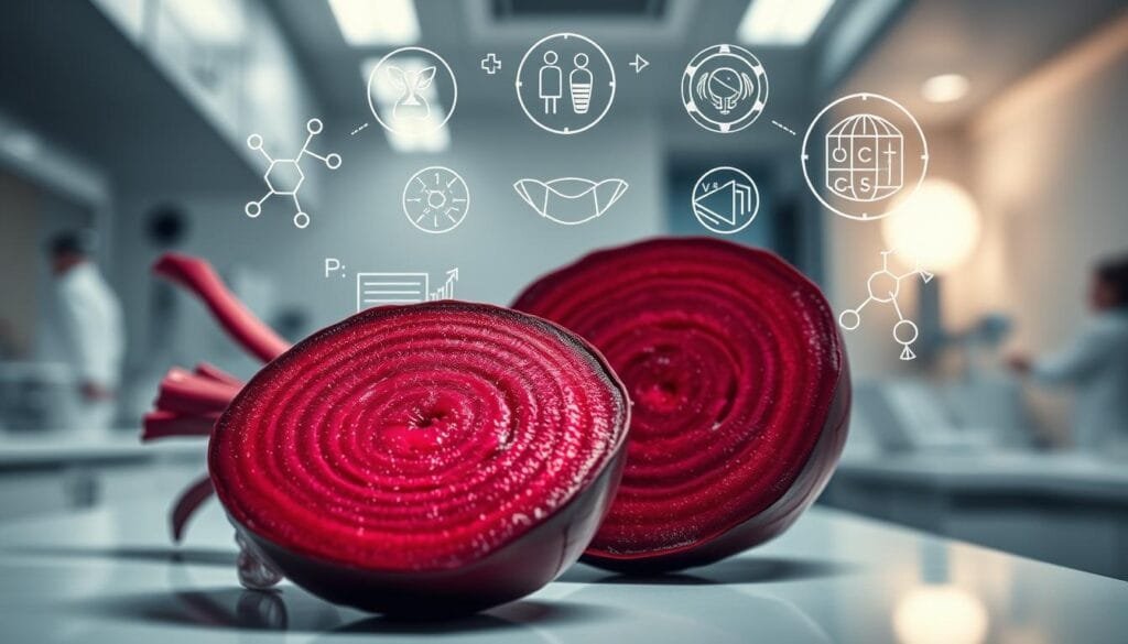 A detailed, scientific illustration of the benefits of beetroot for menstrual health. In the foreground, a close-up view of a freshly cut beetroot, its vibrant crimson color contrasting against a soft, out-of-focus background. The middle ground features various scientific icons and symbols, such as molecular diagrams, vitamin charts, and icons representing the menstrual cycle. The background is a subtly lit, clinical environment, with clean, minimalist surfaces and equipment. The overall atmosphere is one of professionalism, expertise, and a focus on the empirical evidence supporting the use of beetroot for women's health. The lighting is soft and directional, creating depth and emphasizing the textural details of the beetroot. The camera angle is slightly elevated, giving a sense of authority and scientific scrutiny.