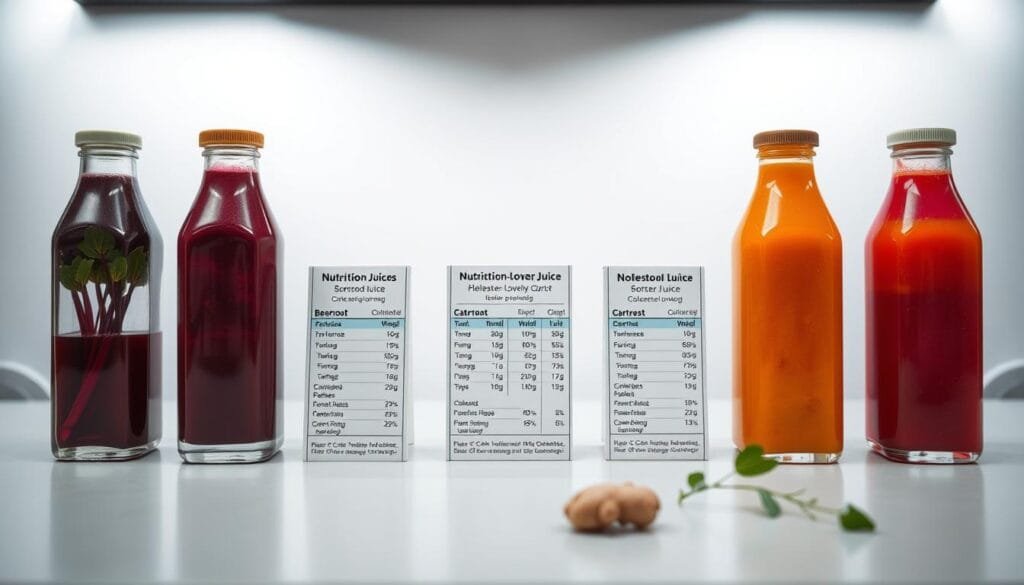 A detailed, side-by-side comparison of beetroot juice against other cholesterol-lowering juices. A clean, modern table-top scene with crisp lighting and sharp focus. In the foreground, glass bottles filled with vibrant beetroot, carrot, and ginger juices are arranged neatly. In the middle ground, nutritional information cards provide key comparative data on cholesterol-lowering properties. The background is a sleek, minimalist setting with a soft, diffused light, creating a professional, authoritative tone. The overall composition conveys a clear, informative visualization of the health benefits of beetroot juice versus other options.