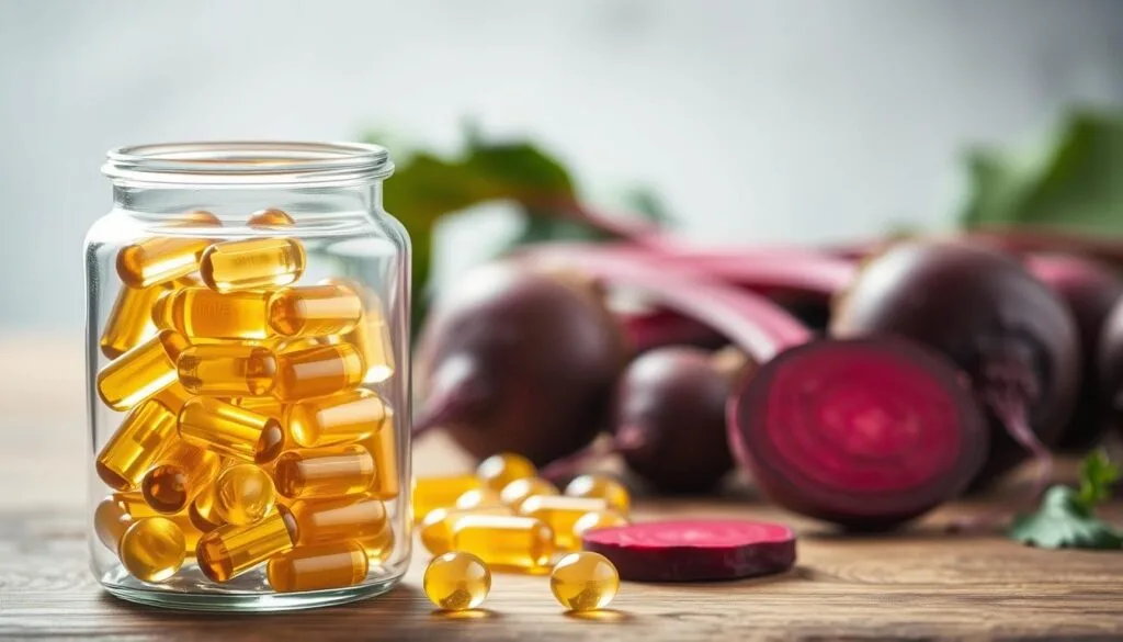 A detailed still life scene depicting the daily recommended dose of vitamin B12. In the foreground, a glass container filled with golden-hued vitamin B12 capsules sits atop a wooden surface. The middle ground features a selection of fresh beetroots, their deep purple hues complementing the warm tones of the supplements. In the background, a soft, diffused lighting illuminates the scene, creating a soothing, wellness-inspired atmosphere. The composition conveys the importance of maintaining proper B12 levels through natural dietary sources and targeted supplementation, aligning with the article's focus on the health benefits of beetroot and vitamin B12.