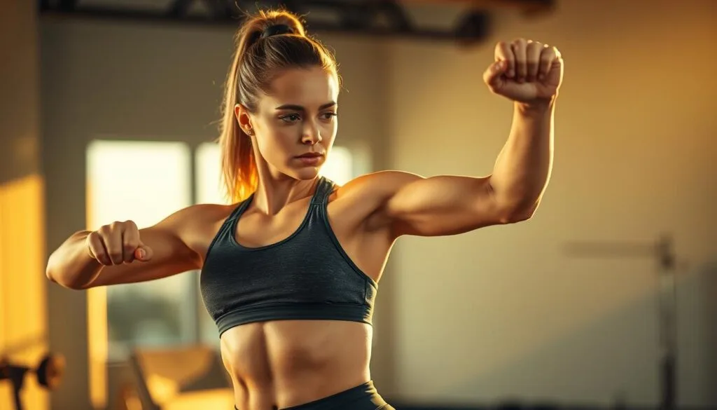 A determined woman in athletic wear performs a series of dynamic exercises, her muscles tensing with effort as she pushes her physical limits. The scene is bathed in a warm, golden light, casting a sense of vitality and energy. The background is blurred, focusing the viewer's attention on the subject's unwavering focus and stamina. The composition captures the graceful, powerful movements of the woman as she engages in a vigorous workout, her body a testament to the benefits of consistent physical activity. A determined woman in athletic wear performs a series of dynamic exercises, her muscles tensing with effort as she pushes her physical limits. The scene is bathed in a warm, golden light, casting a sense of vitality and energy. The background is blurred, focusing the viewer's attention on the subject's unwavering focus and stamina. The composition captures the graceful, powerful movements of the woman as she engages in a vigorous workout, her body a testament to the benefits of consistent physical activity.