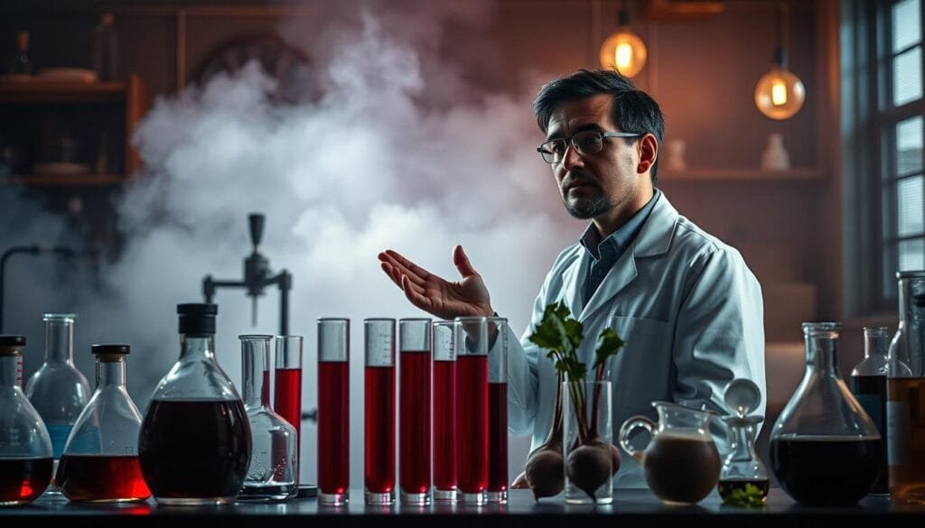 A dimly lit, stylized laboratory setting with scientific instruments, beakers, and test tubes filled with vibrant red beetroot samples. In the foreground, a scientist in a white lab coat stands amidst the setup, gesturing towards the beetroot samples with a look of discovery, debunking common myths. The background fades into a hazy, ethereal atmosphere, suggesting the uncovering of hidden truths. Warm incandescent lighting casts dramatic shadows, adding depth and intrigue to the scene. The overall mood is one of intellectual curiosity and the unveiling of unexpected revelations about the humble beetroot.