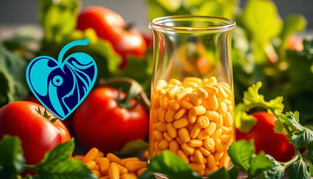A glass beaker filled with golden fiber supplements, surrounded by a halo of vibrant green leafy vegetables and juicy red tomatoes. The beaker's contents shimmer under warm, directional lighting, casting soft shadows that accentuate its scientific laboratory aesthetic. In the background, a stylized heart icon in shades of blue and teal symbolizes the connection between fiber intake and cardiovascular health. The overall mood is one of clarity, balance, and the promise of wellness through dietary choices.