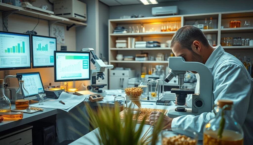A high-resolution, photorealistic image of a research laboratory filled with scientific equipment, glassware, and notes on barley samples. The foreground shows a researcher in a white lab coat closely examining barley grains under a microscope, their face engrossed in the study. The middle ground reveals a desk cluttered with research papers, computer screens displaying graphs and data, and various barley-related paraphernalia. The background showcases shelves stocked with beakers, petri dishes, and other analytical tools, all bathed in the warm glow of task lighting. The overall scene conveys a sense of diligent, detailed investigation into the properties and potential applications of green barley.