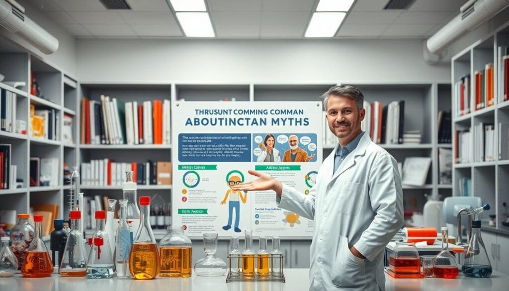 A laboratory setting with an array of scientific equipment, test tubes, and beakers. In the foreground, a scientist in a white lab coat is gesturing towards a display board with infographics debunking common myths about antioxidants. The lighting is bright and evenly distributed, creating a clean, professional atmosphere. The background features shelves of reference books and scientific journals, subtly conveying the authoritative nature of the subject matter. The overall composition is balanced, with the scientist's dynamic pose and the informative display board drawing the viewer's attention to the central message of debunking antioxidant myths.