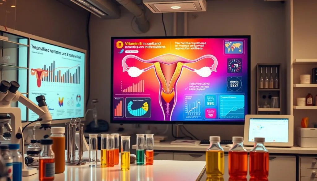 A laboratory setting with various scientific equipment and displays showcasing the impact of nutrients, particularly Vitamin B, on female reproductive health. In the foreground, an array of medical test tubes, beakers, and microscopes arranged on a clean, sterile workbench. The middle ground depicts a large, high-resolution monitor displaying detailed graphs, charts, and infographics highlighting the positive correlations between Vitamin B intake and hormonal balance, fertility, and overall reproductive wellness. In the background, a vibrant, colorful visualization of the female reproductive system, rendered in a scientific, anatomical style. Warm, soft lighting illuminates the scene, creating a sense of professionalism and scientific authority. The overall atmosphere conveys the rigorous, evidence-based approach to understanding the connection between nutrient intake and reproductive health. A laboratory setting with various scientific equipment and displays showcasing the impact of nutrients, particularly Vitamin B, on female reproductive health. In the foreground, an array of medical test tubes, beakers, and microscopes arranged on a clean, sterile workbench. The middle ground depicts a large, high-resolution monitor displaying detailed graphs, charts, and infographics highlighting the positive correlations between Vitamin B intake and hormonal balance, fertility, and overall reproductive wellness. In the background, a vibrant, colorful visualization of the female reproductive system, rendered in a scientific, anatomical style. Warm, soft lighting illuminates the scene, creating a sense of professionalism and scientific authority. The overall atmosphere conveys the rigorous, evidence-based approach to understanding the connection between nutrient intake and reproductive health.