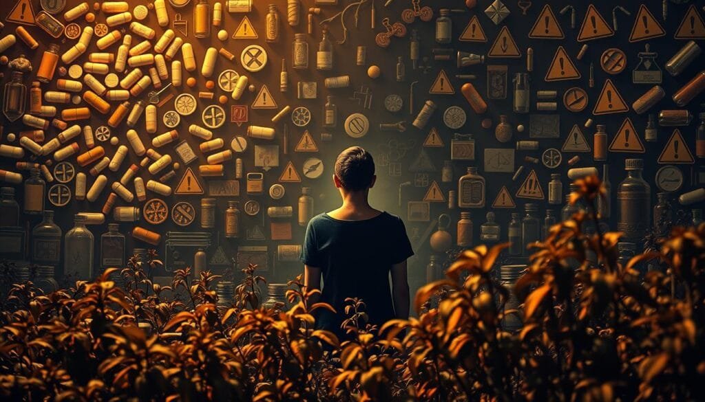 A labyrinth of pills, potions, and cautionary symbols, illuminated by a warm, amber-tinted light. In the foreground, an array of medicinal plants, their leaves rustling gently. In the middle ground, a serene figure, eyes downcast, considering the implications of these remedies. The background, a shadowy expanse, hints at the potential risks that must be navigated. A sense of balance and contemplation pervades the scene, inviting the viewer to ponder the delicate interplay between the benefits and precautions of wellness-enhancing interventions.