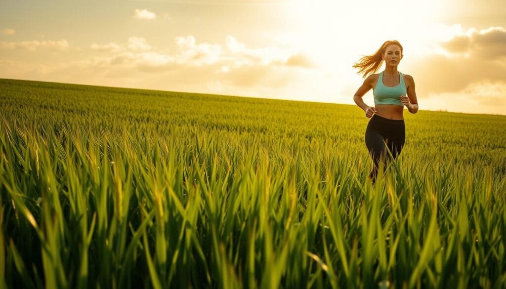 A lush green field of vibrant barley grass, its blades gently swaying in the soft breeze. In the foreground, a fit woman in athletic wear jogs effortlessly, her movements graceful and energetic. The sunlight filters through wispy clouds, casting a warm, golden glow over the scene. In the background, a serene, minimalist landscape unfolds, highlighting the natural beauty and restorative power of this superfood. The overall atmosphere conveys a sense of rejuvenation, vitality, and the transformative potential of incorporating barley grass into one's wellness regimen.