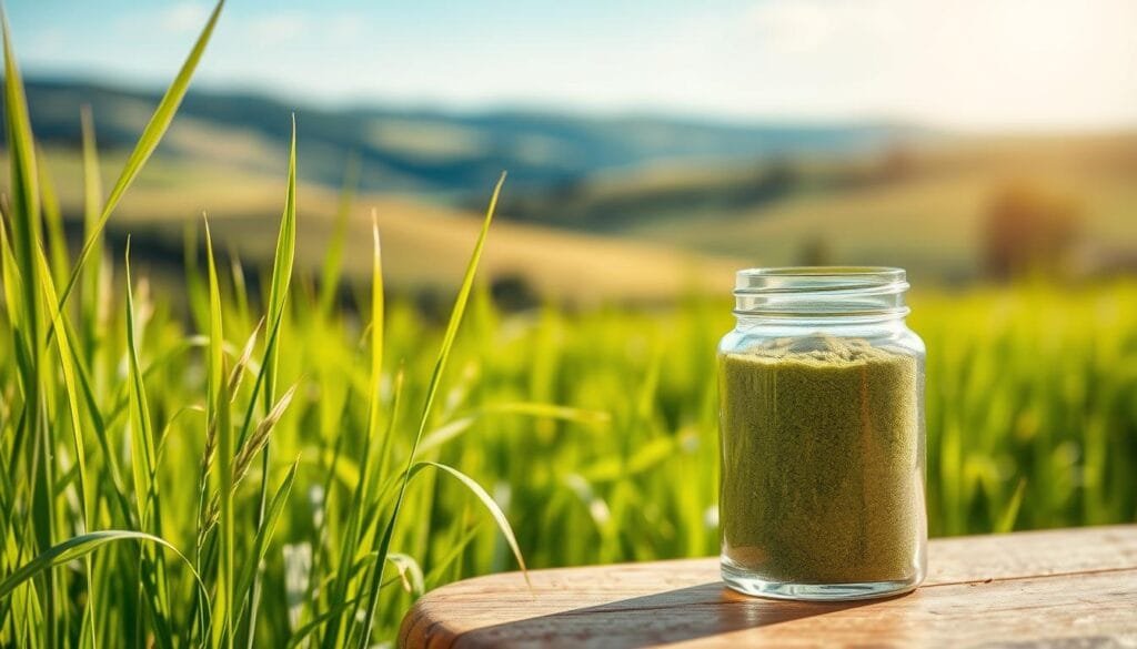 A lush, verdant field of vibrant barley grass with delicate blades swaying gently in the warm, golden sunlight. In the foreground, a glass jar filled with powdered barley grass sits atop a wooden table, its deep green hue contrasting beautifully with the natural textures. Soft, diffused lighting illuminates the scene, creating a natural, serene atmosphere. In the background, a blurred, idyllic landscape with rolling hills and a clear blue sky completes the tranquil, health-conscious setting. The image conveys the essence of incorporating this nutrient-rich superfood into one's daily routine for a balanced, wholesome lifestyle.