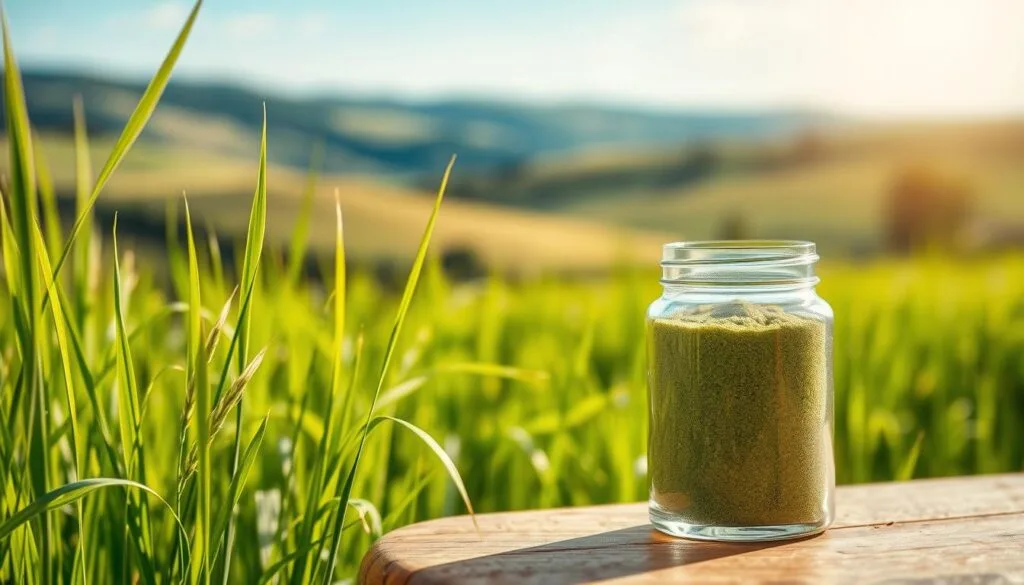 A lush, verdant field of vibrant barley grass with delicate blades swaying gently in the warm, golden sunlight. In the foreground, a glass jar filled with powdered barley grass sits atop a wooden table, its deep green hue contrasting beautifully with the natural textures. Soft, diffused lighting illuminates the scene, creating a natural, serene atmosphere. In the background, a blurred, idyllic landscape with rolling hills and a clear blue sky completes the tranquil, health-conscious setting. The image conveys the essence of incorporating this nutrient-rich superfood into one's daily routine for a balanced, wholesome lifestyle.