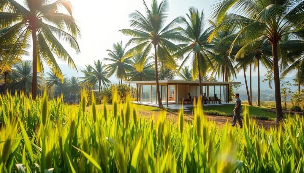 A lush, verdant landscape in Malaysia, showcasing the wellness concept. In the foreground, a serene garden oasis with vibrant green barley plants, their stalks swaying gently in the warm breeze. Sunlight filters through the canopy of towering palm trees, casting a soft, golden glow over the scene. In the middle ground, a modern, eco-friendly wellness center stands, its clean, minimalist architecture blending seamlessly with the natural surroundings. Guests can be seen engaging in various wellness activities, from yoga to meditation. The background features a panoramic view of rolling hills and distant mountains, creating a sense of tranquility and harmony. The overall atmosphere radiates a soothing, restorative energy, inviting visitors to immerse themselves in the holistic wellness experience.