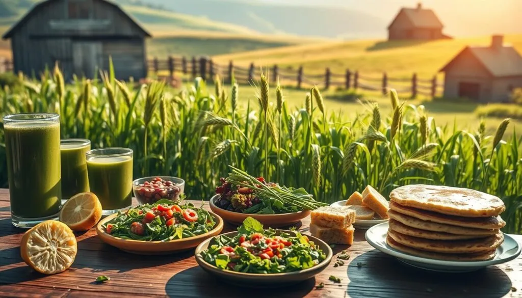 A lush, verdant scene showcasing a variety of appetizing barley grass recipes. In the foreground, a wooden table is laden with vibrant green smoothies, hearty barley salads, and delectable barley grass pancakes, all bathed in warm, natural lighting. In the middle ground, flourishing barley plants sway gently, their lush blades reflecting the soft, diffused sunlight filtering through the frame. The background features a rustic, countryside setting, with rolling hills and a picturesque, weathered barn, creating a serene, pastoral atmosphere. The overall mood is one of health, nourishment, and the bounty of nature.