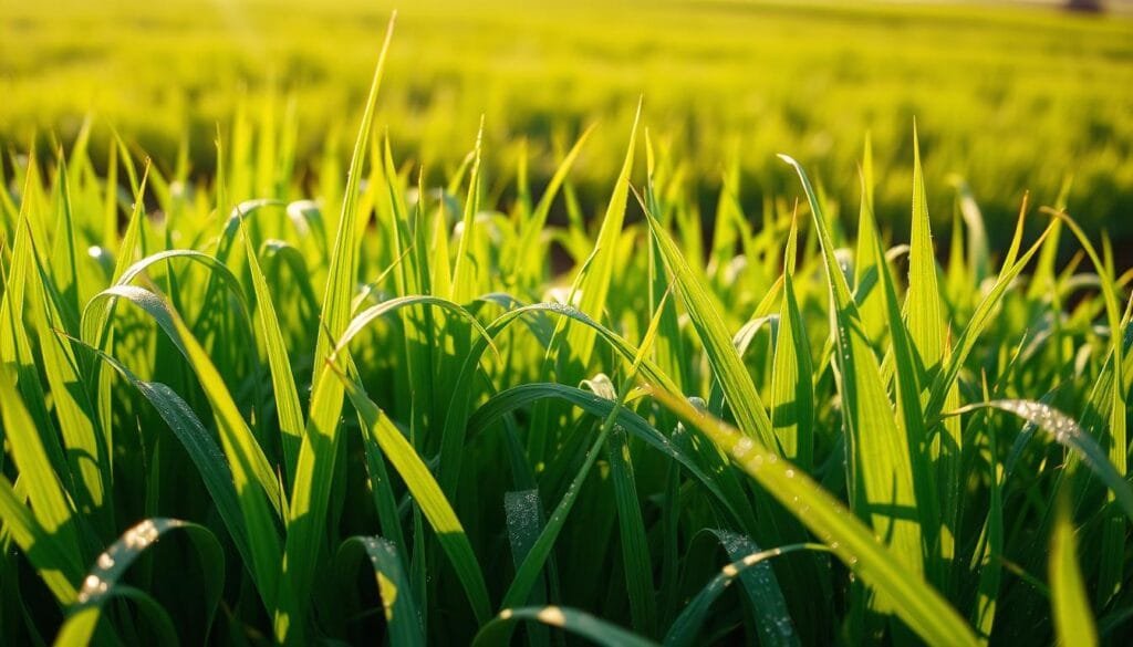 A lush, vibrant field of wheat grass and barley grass, their leaves glistening with dew. The scene is bathed in warm, golden sunlight, casting soft shadows across the scene. In the foreground, the chlorophyll-rich leaves of the grasses stand tall, their intricate patterns and textures clearly visible. The middle ground reveals the verdant, intertwined stems, while the background showcases a tranquil, out-of-focus landscape. The overall composition conveys a sense of harmony and balance, highlighting the similarities between these two nutrient-dense superfoods. The image is captured with a wide-angle lens, allowing for a panoramic view that immerses the viewer in the scene.