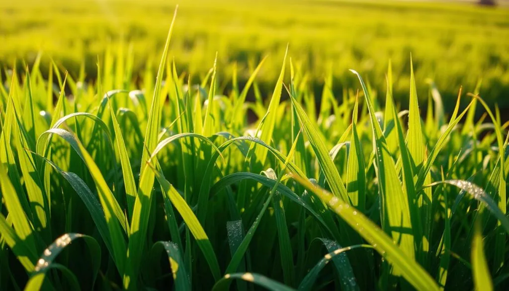 A lush, vibrant field of wheat grass and barley grass, their leaves glistening with dew. The scene is bathed in warm, golden sunlight, casting soft shadows across the scene. In the foreground, the chlorophyll-rich leaves of the grasses stand tall, their intricate patterns and textures clearly visible. The middle ground reveals the verdant, intertwined stems, while the background showcases a tranquil, out-of-focus landscape. The overall composition conveys a sense of harmony and balance, highlighting the similarities between these two nutrient-dense superfoods. The image is captured with a wide-angle lens, allowing for a panoramic view that immerses the viewer in the scene.