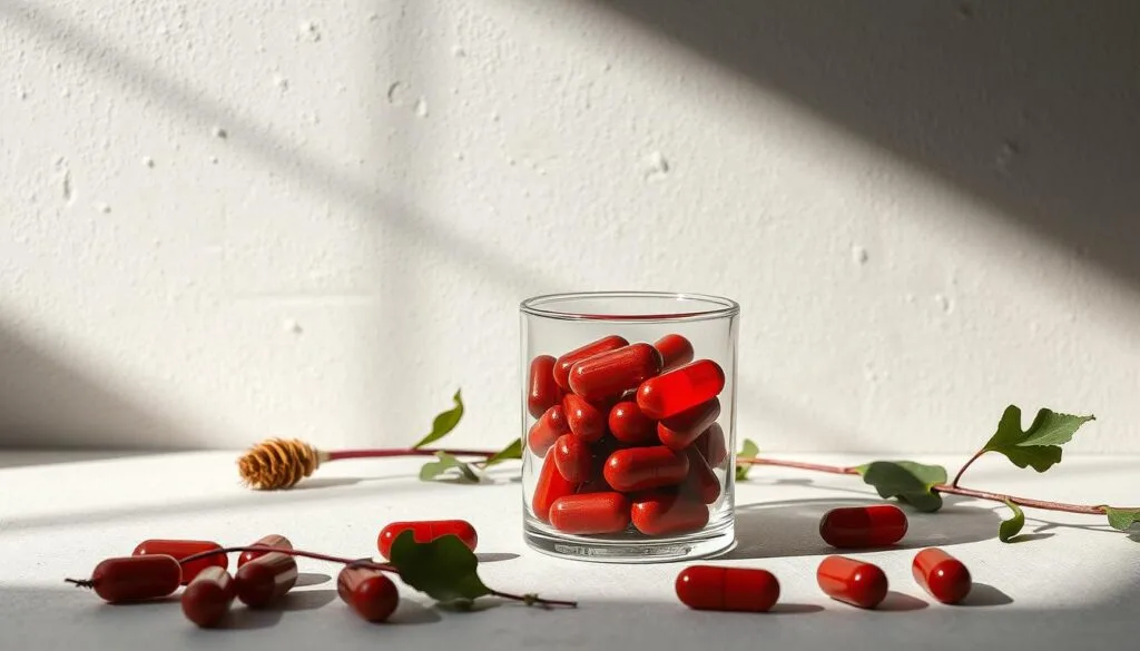 A meticulously arranged still life depicting a glass container filled with vibrant beetroot capsules, set against a minimalist backdrop of natural textures. The lighting is soft and diffused, casting gentle shadows that accentuate the earthy tones of the supplements. The composition is balanced, drawing the viewer's eye to the focal point of the beetroot capsules, conveying a sense of wellness and efficiency. The overall mood is serene and inviting, suggesting the health benefits of this natural supplement.