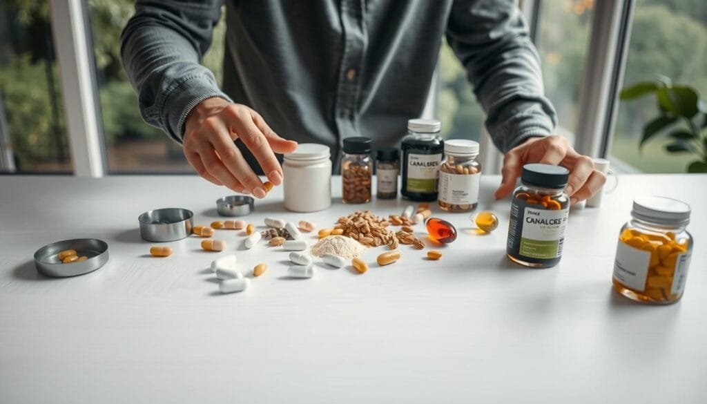 A person diligently arranging various dietary supplements on a modern, minimalist desk. The foreground shows hands delicately placing capsules, powders, and liquids in an organized manner. The middle ground features a clean, white wooden surface with subtle wood grain patterns. The background depicts a serene, natural setting with soft, diffused lighting filtering through large windows, creating a calming atmosphere. The overall scene conveys a sense of thoughtfulness, balance, and a commitment to personal health and wellness.