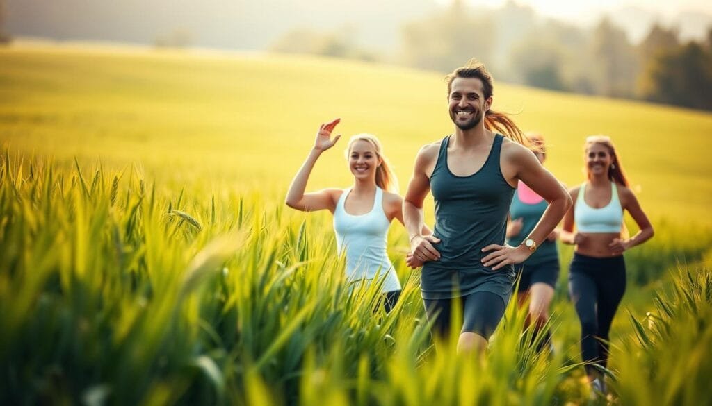 A serene and verdant landscape, with a lush field of green barley swaying gently in the soft breeze. In the foreground, a group of individuals in activewear, each with a radiant smile, engaging in a variety of exercises and outdoor activities, their bodies glowing with the benefits of the nourishing plant. The middle ground features a vibrant, healthy-looking individual, perhaps a wellness coach or expert, highlighting the weight loss advantages of the green barley. The background is a softly blurred scene, capturing the tranquility and harmony of a wellness retreat or healthy living concept. Warm, golden lighting bathes the entire composition, creating a sense of natural wellness and vitality.