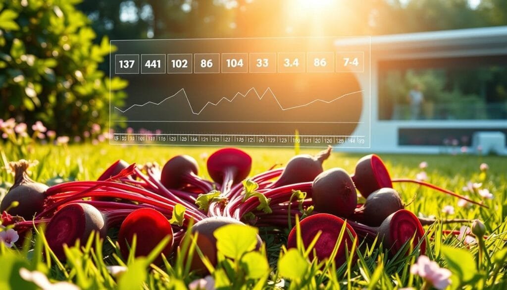 A serene, sun-dappled meadow, the soft light filtering through verdant foliage. In the foreground, a collection of vibrant beetroots, their crimson hues glistening, arranged in a precise, ritualistic manner. Above them, a holographic display projects an array of time-lapsed images, visually depicting the optimal timing for beetroot intake to maximize endurance and stamina. The background features a sleek, minimalist laboratory setting, hinting at the scientific research behind this natural performance-boosting solution. The overall atmosphere conveys a sense of harmony between nature and technology, inviting the viewer to discover the power of beetroot for enhanced physical capabilities.