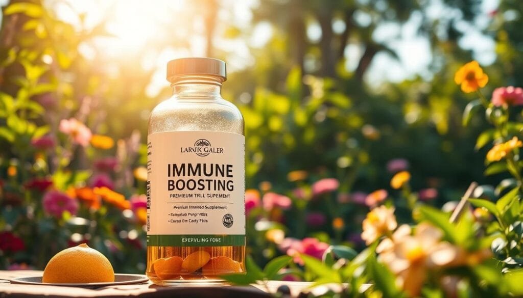 A serene, sun-drenched garden filled with lush greenery and vibrant flowers, serving as a breathtaking backdrop for a polished, elegantly-designed glass bottle containing a premium immune-boosting supplement. The bottle is highlighted by soft, warm lighting, casting a gentle glow and highlighting its pristine, high-quality appearance. In the foreground, a few complementary health-focused elements, such as fresh citrus fruits or herbal plants, add to the sense of natural vitality and wellness. The overall composition conveys a sense of purity, efficacy, and a commitment to optimal health and well-being.
