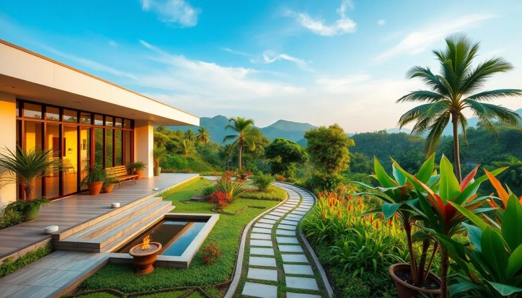 A serene wellness center nestled in the lush, verdant landscape of Malaysia. In the foreground, a modern, minimalist building with clean lines and large windows, bathed in warm, natural lighting. Potted plants and a tranquil water feature adorn the entrance, inviting visitors to step into a haven of holistic wellness. In the middle ground, a beautifully manicured garden path winds through an array of vibrant, tropical flora, exuding a sense of harmony and balance. In the background, rolling hills and a clear, azure sky create a picturesque, calming backdrop. The entire scene radiates a atmosphere of rejuvenation, wellness, and a commitment to holistic, natural living.